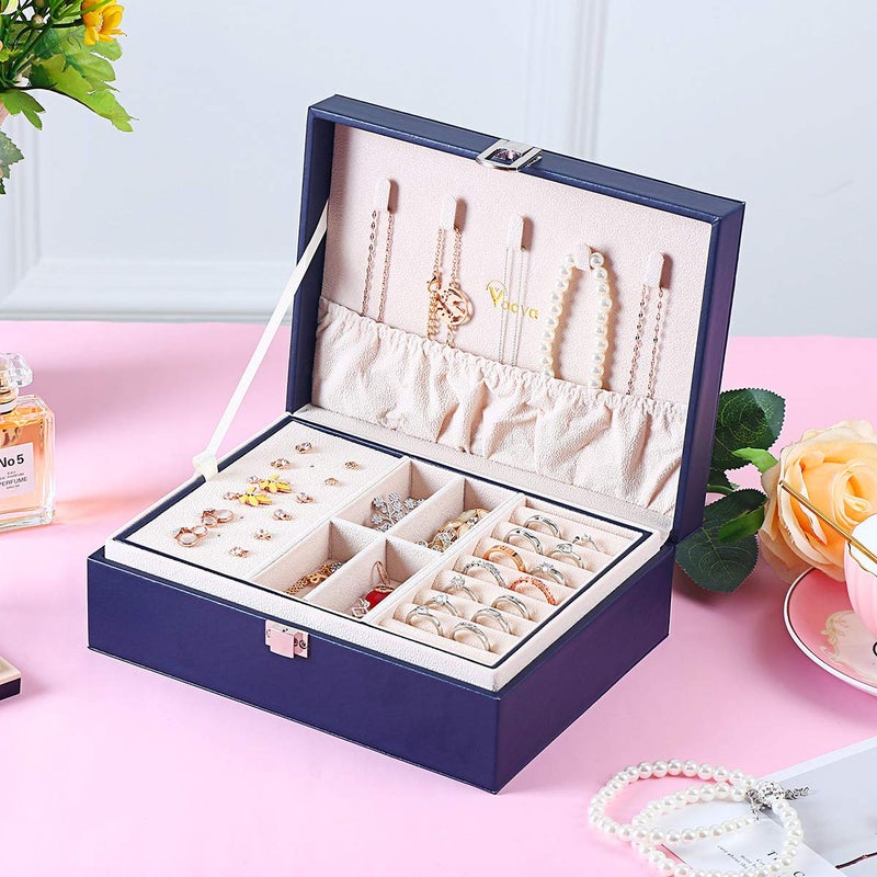 Voova Jewelry Box Organizer for Women Girls, 2 Layer Large Men Jewelry Storage Case,PU Leather Display Jewellery Holder with Removable Tray for Necklace Earrings Rings Braceletsï¼ŒVintage Giftï¼ŒNavy Blue - Image 4